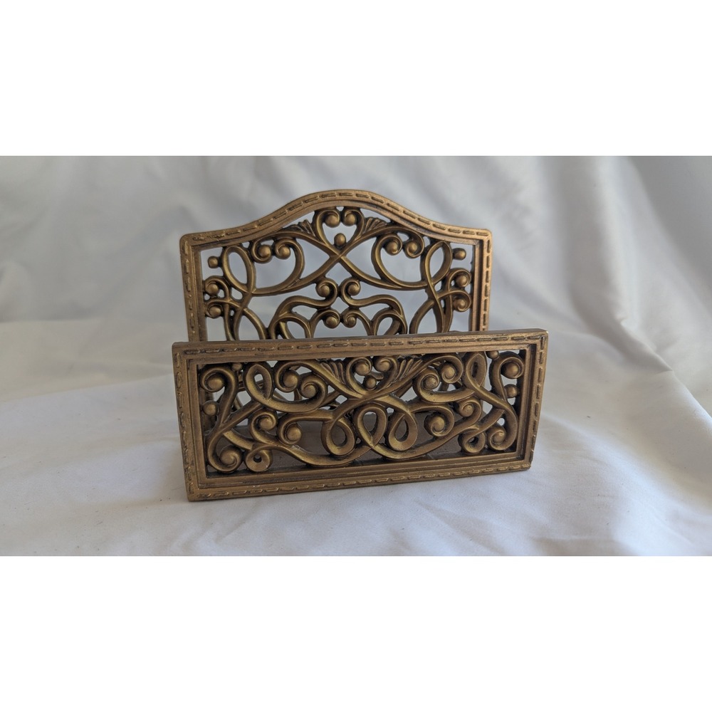 Gold Filigree Metal Napkin Holder Mail Sorter Ornate Scrollwork Victorian Style